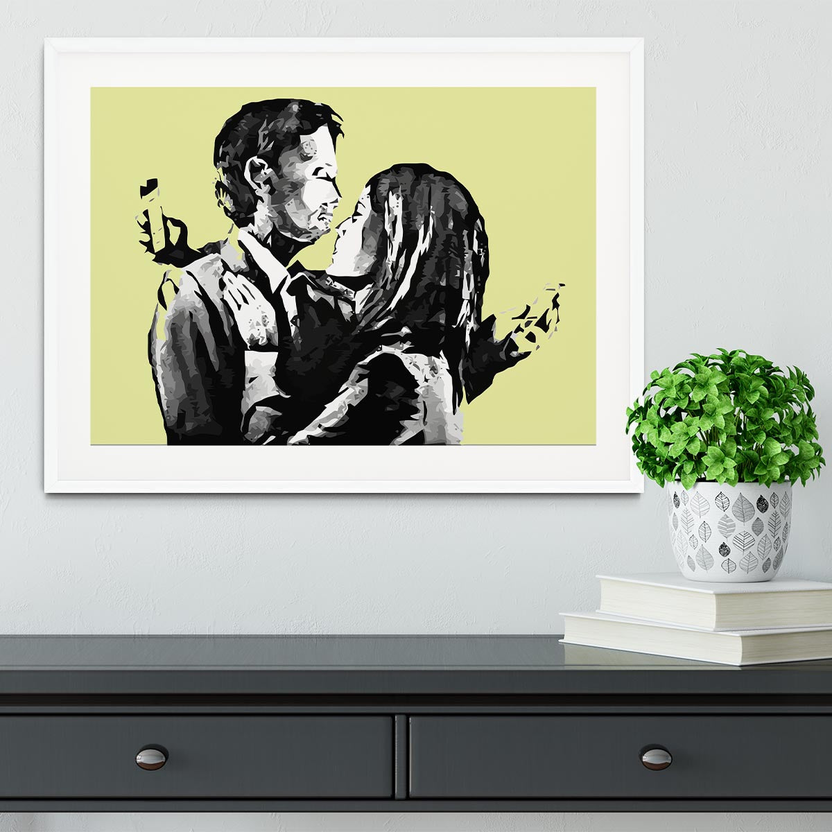Banksy Mobile Lovers Yellow Framed Print - Canvas Art Rocks - 5