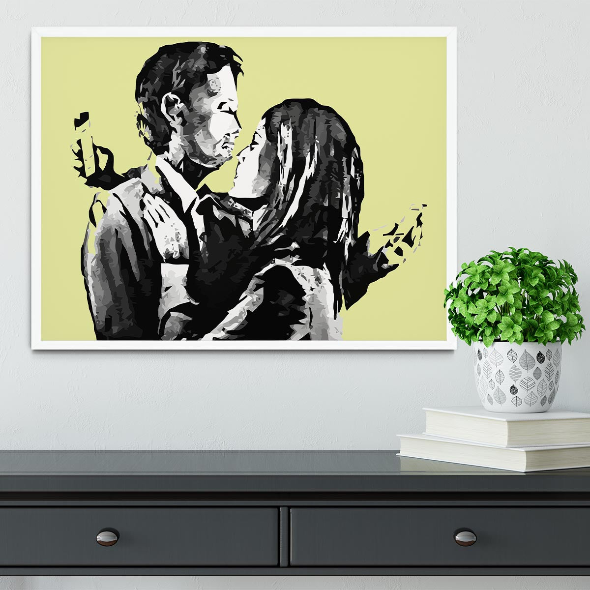 Banksy Mobile Lovers Yellow Framed Print - Canvas Art Rocks -6