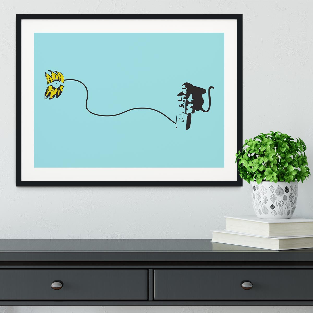 Banksy Monkey Banana Bomb LIght Blue Framed Print - Canvas Art Rocks - 1