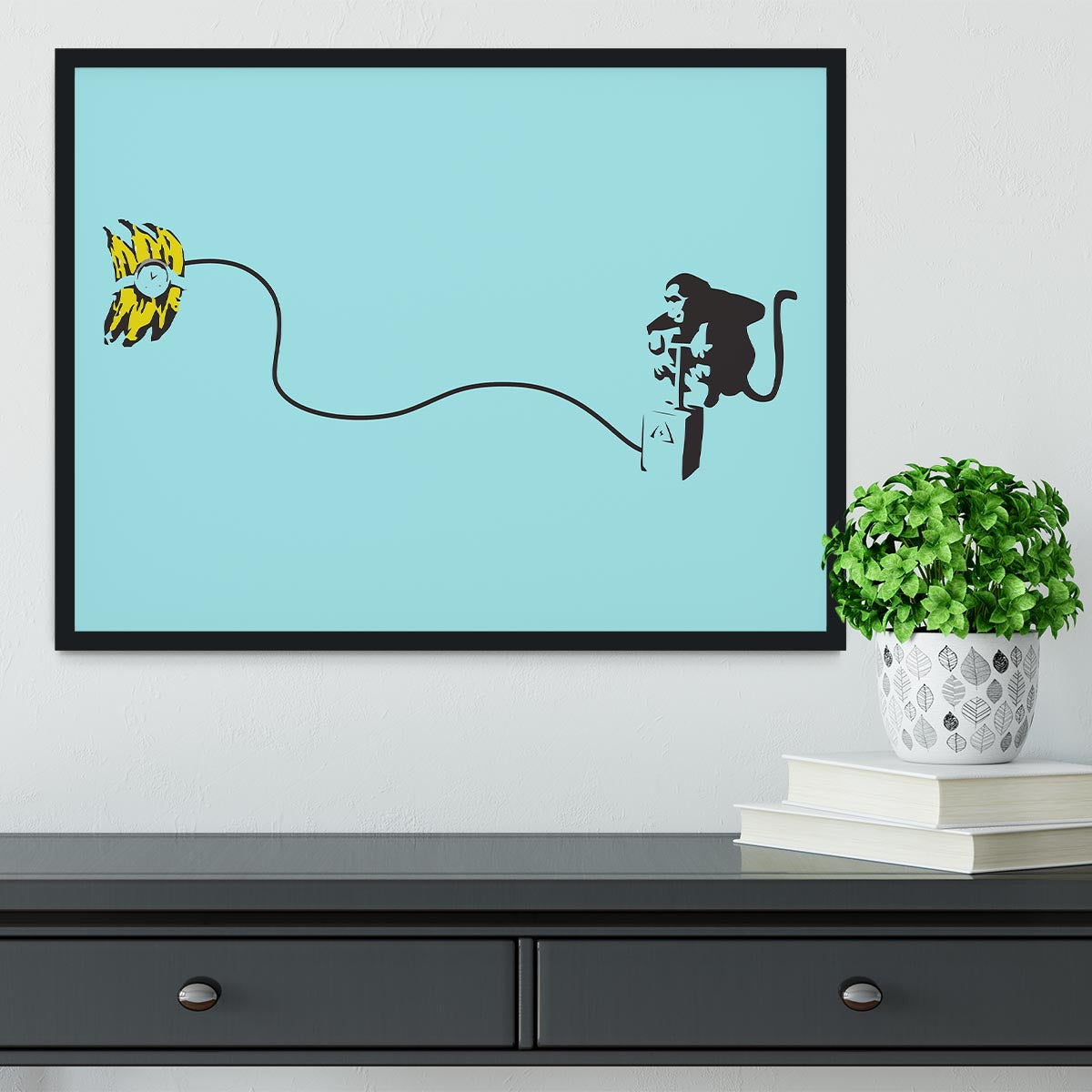 Banksy Monkey Banana Bomb LIght Blue Framed Print - Canvas Art Rocks - 2