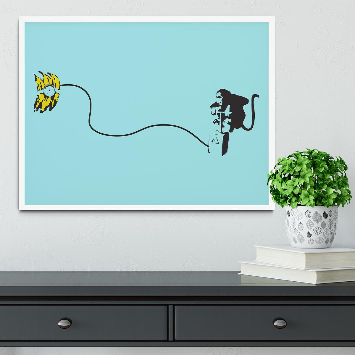 Banksy Monkey Banana Bomb LIght Blue Framed Print - Canvas Art Rocks -6
