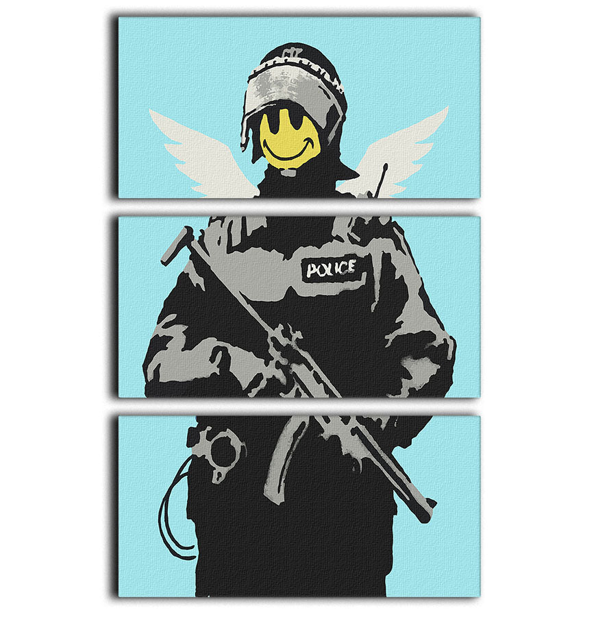 Banksy Smiley Angel Policeman Light Blue 3 Split Panel Canvas Print - Canvas Art Rocks - 1
