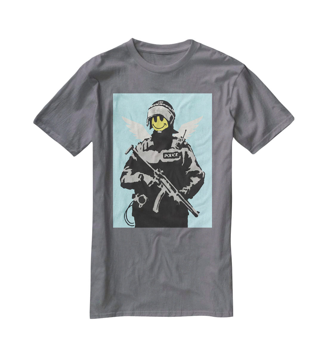 Banksy Smiley Angel Policeman Light Blue T-Shirt - Canvas Art Rocks - 3