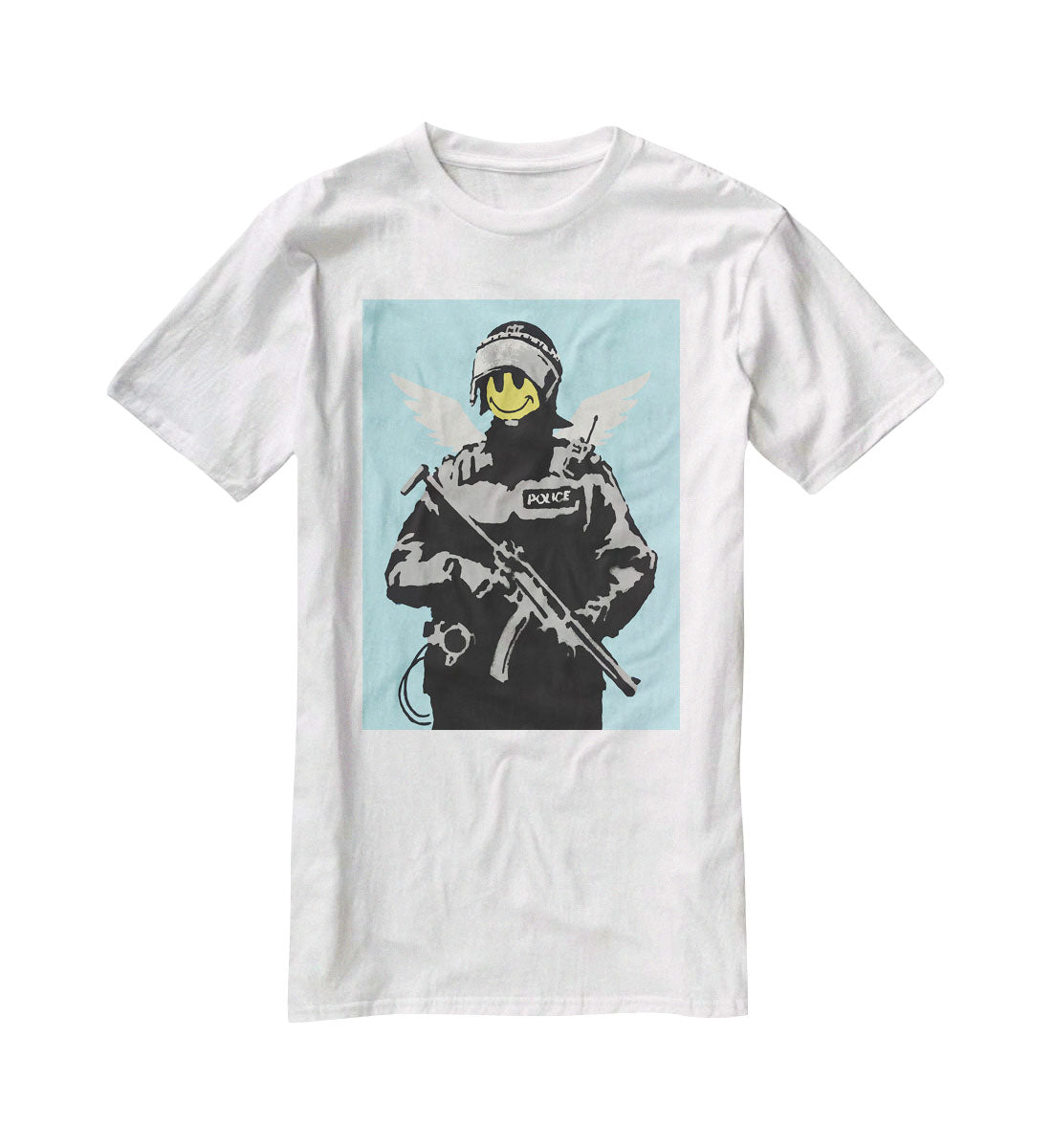 Banksy Smiley Angel Policeman Light Blue T-Shirt - Canvas Art Rocks - 5