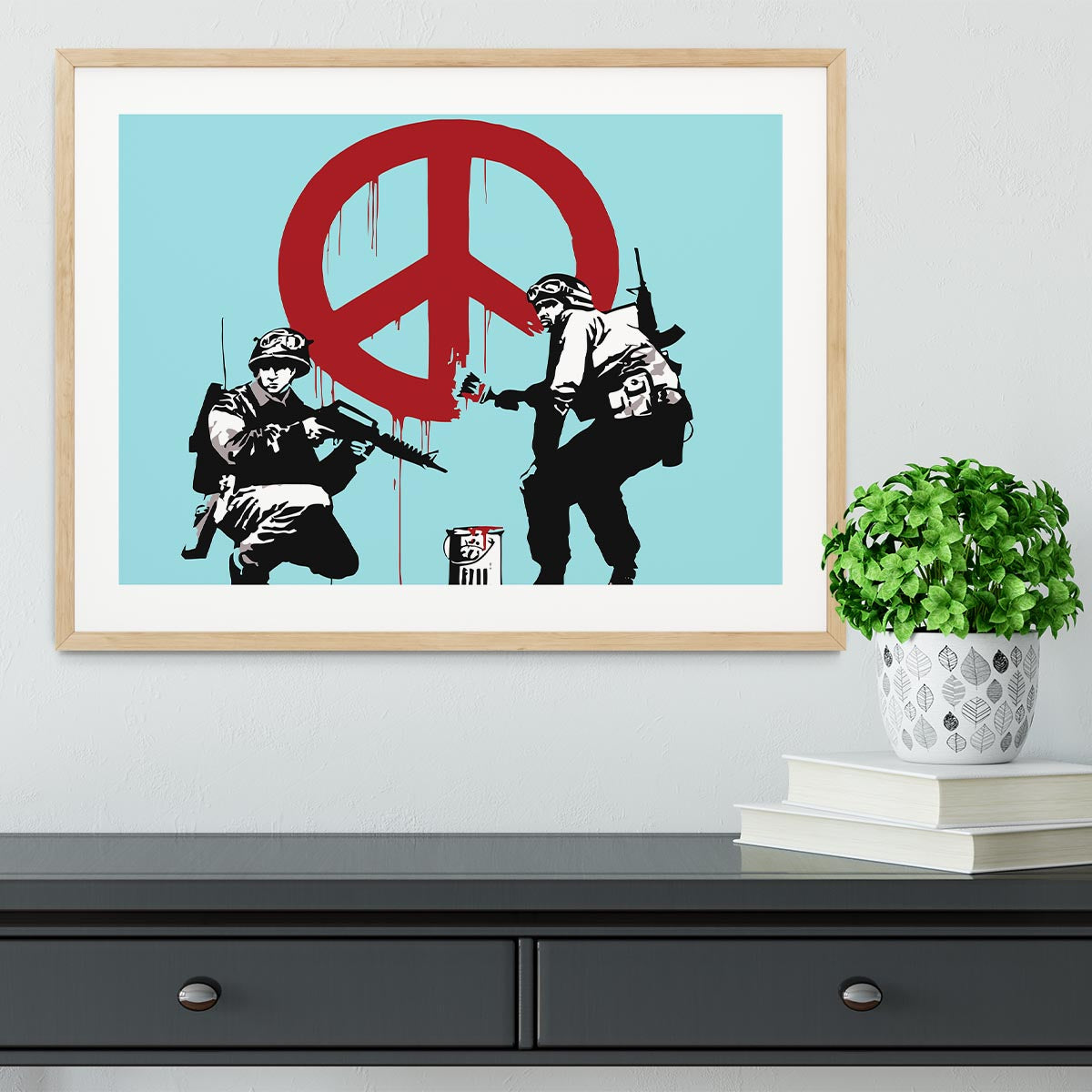 Banksy Soldiers Painting CND Sign Light Blue Framed Print - Canvas Art Rocks - 3