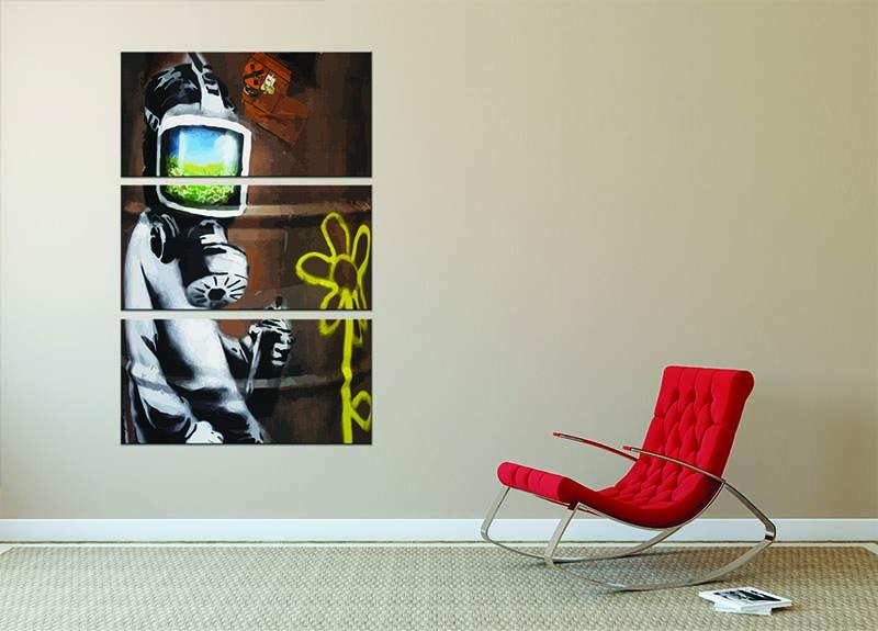 Banksy Sunflower Field Gas Mask 3 Split Panel Canvas Print - Canvas Art Rocks - 2