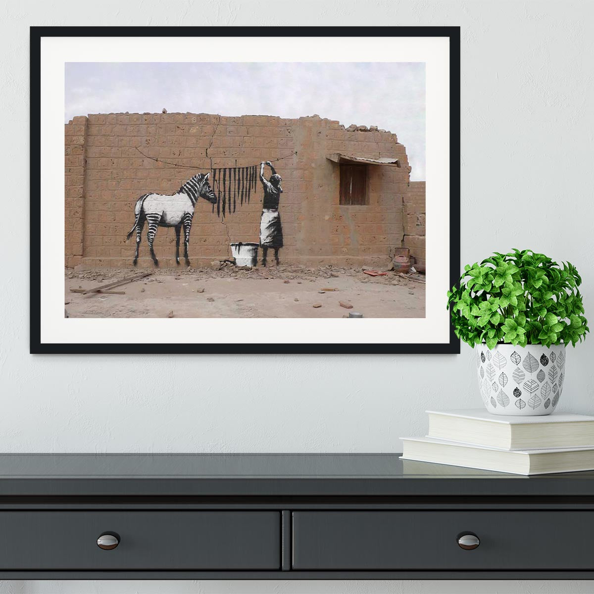 Banksy Washing Zebra Stripes Framed Print - Canvas Art Rocks - 1