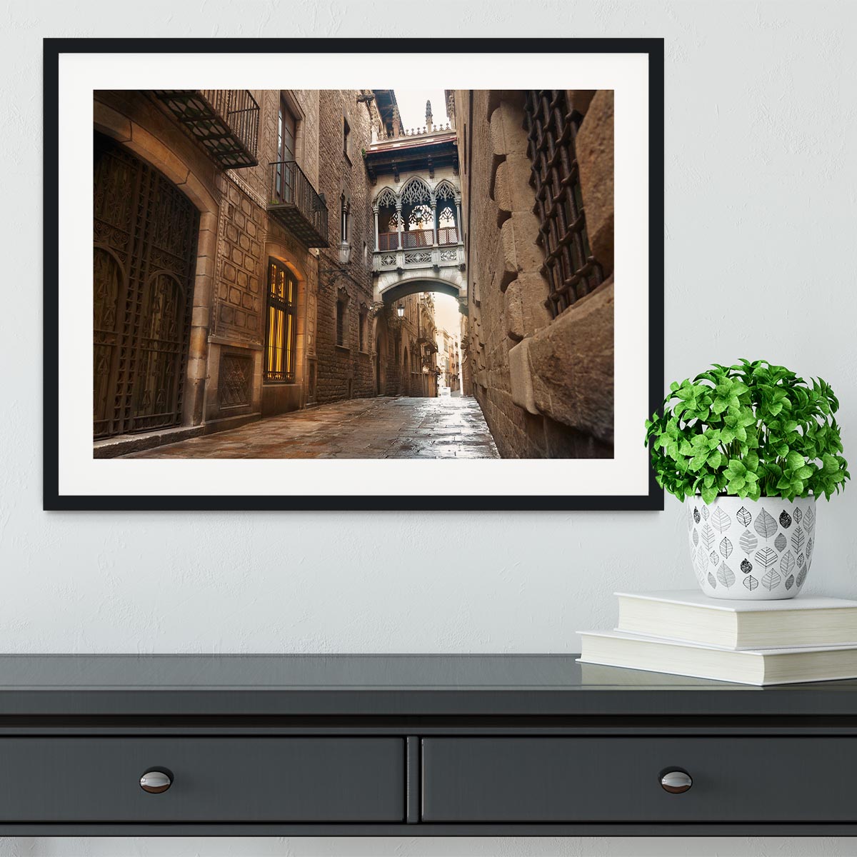 Barcelona Gothic quarter Carrer del Bisbe Framed Print - Canvas Art Rocks - 1