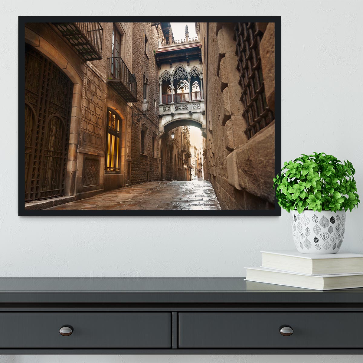 Barcelona Gothic quarter Carrer del Bisbe Framed Print - Canvas Art Rocks - 2