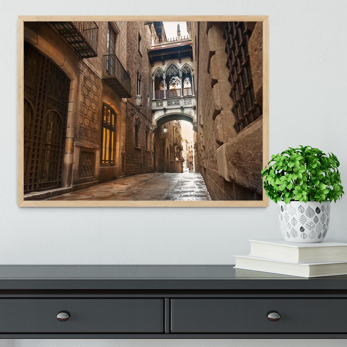 Barcelona Gothic quarter Carrer del Bisbe Framed Print - Canvas Art Rocks - 4