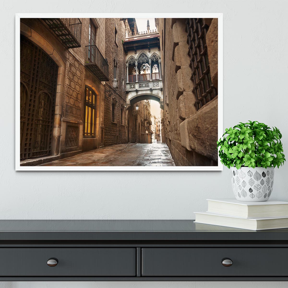 Barcelona Gothic quarter Carrer del Bisbe Framed Print - Canvas Art Rocks -6