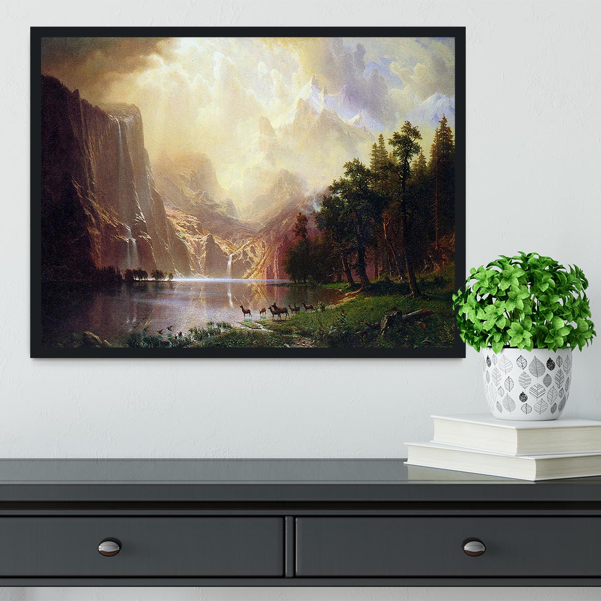Between the Sierra Nevada Mountains by Bierstadt Framed Print - Canvas Art Rocks - 2
