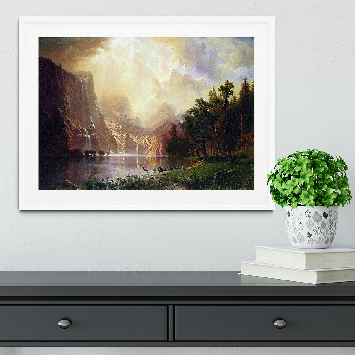 Between the Sierra Nevada Mountains by Bierstadt Framed Print - Canvas Art Rocks - 5