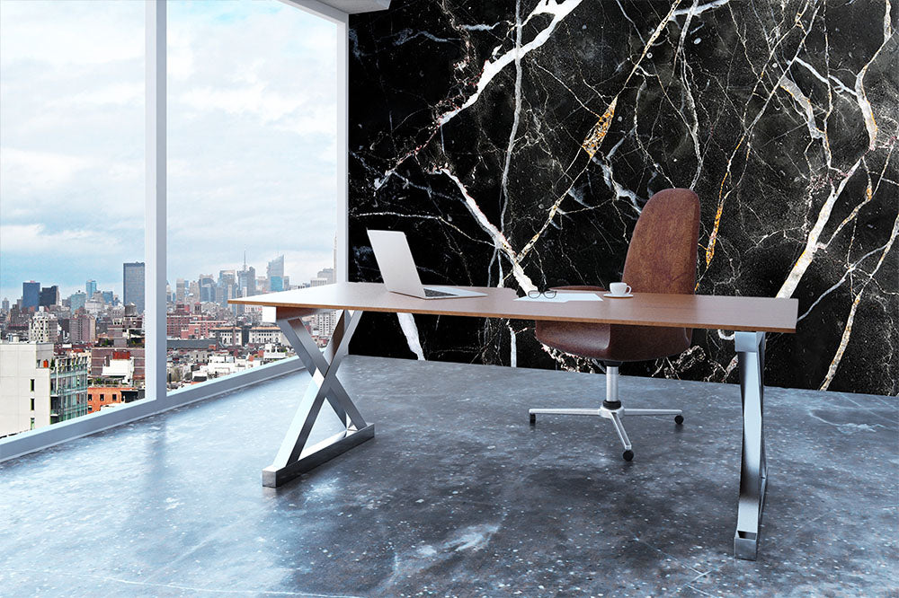 Black White and Gold Cracked Marble Wall Mural Wallpaper - Canvas Art Rocks - 3