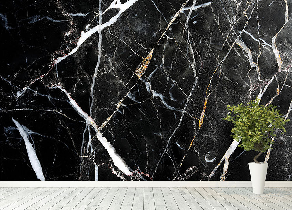 Black White and Gold Cracked Marble Wall Mural Wallpaper - Canvas Art Rocks - 4