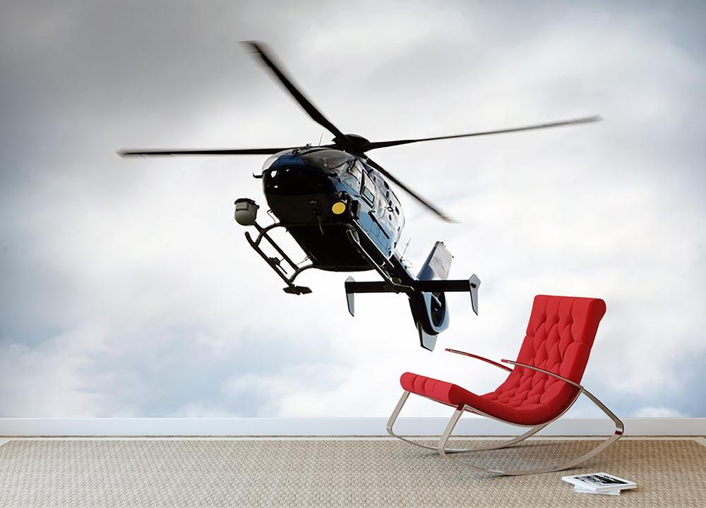 Blue and silver police helicopter flying above Wall Mural Wallpaper - Canvas Art Rocks - 2