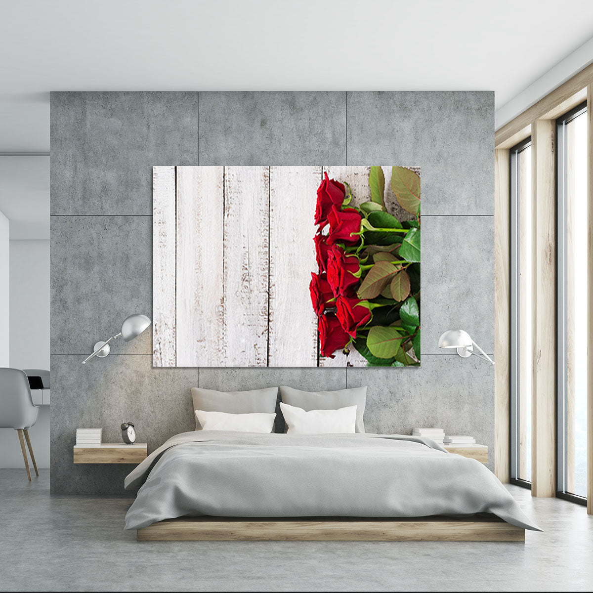 Bouquet of red roses on a light wooden background Canvas Print or Poster - Canvas Art Rocks - 5
