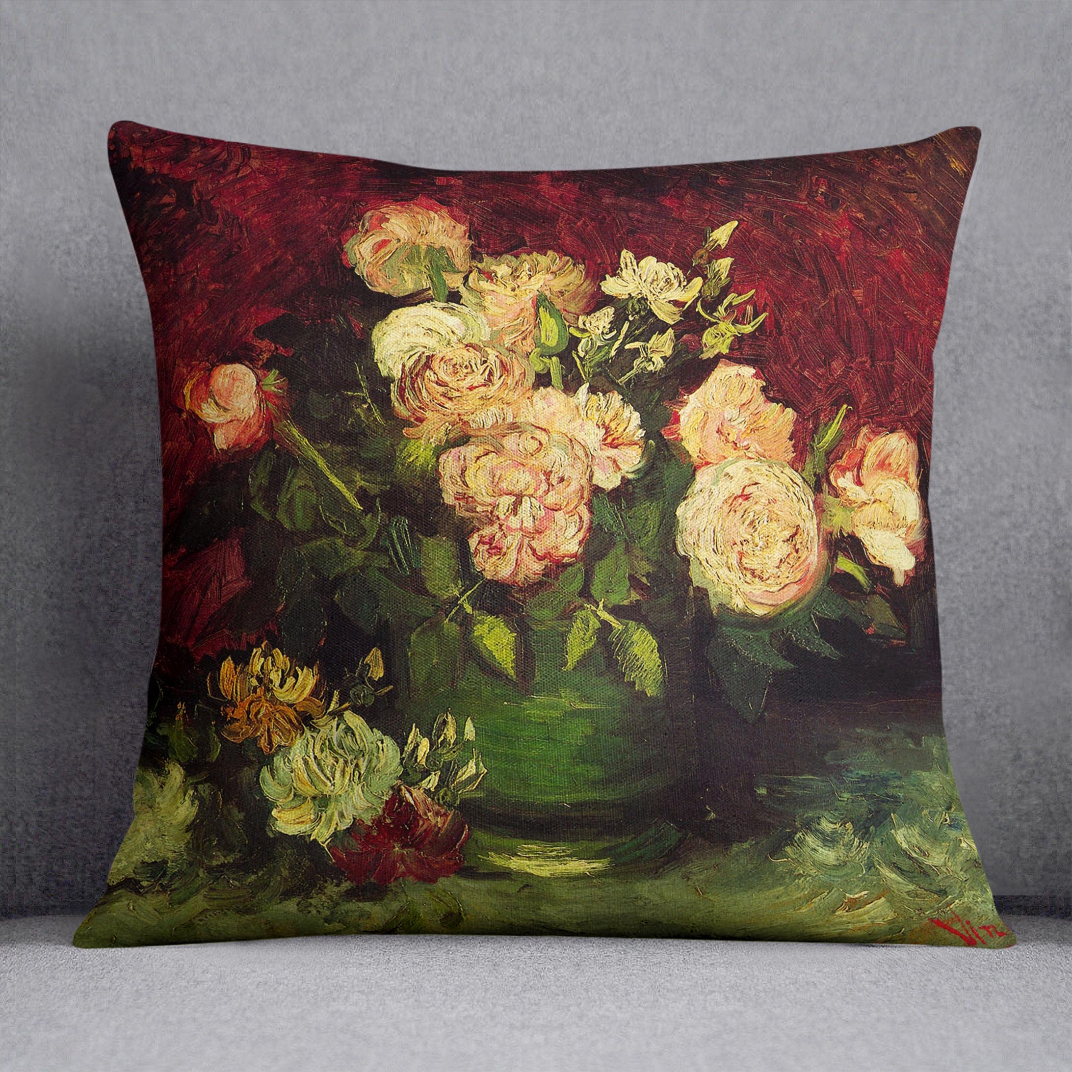 Bowl with Peonies and Roses by Van Gogh Cushion