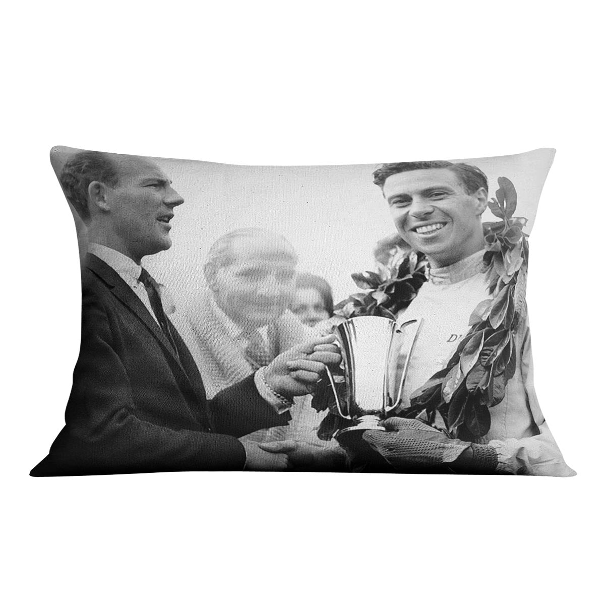 British racing drivers Jim Clark and Stirling Moss Cushion