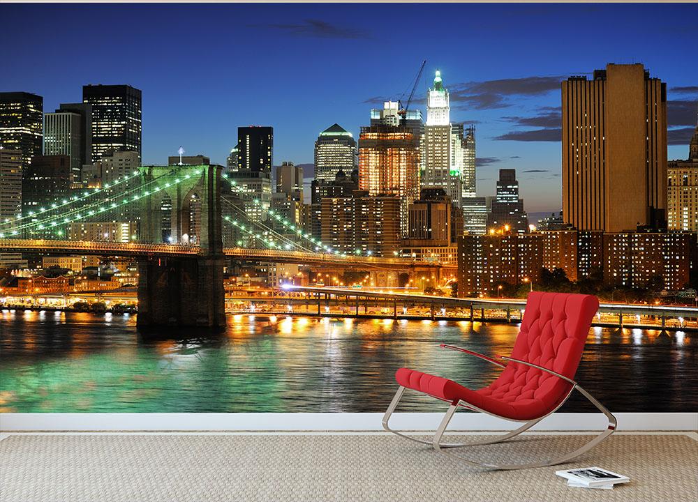 Brooklyn bridge downtown at night Wall Mural Wallpaper - Canvas Art Rocks - 2