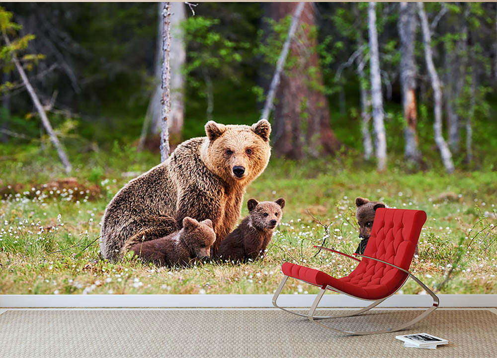 Brown mother bear protecting her cubs Wall Mural Wallpaper - Canvas Art Rocks - 2