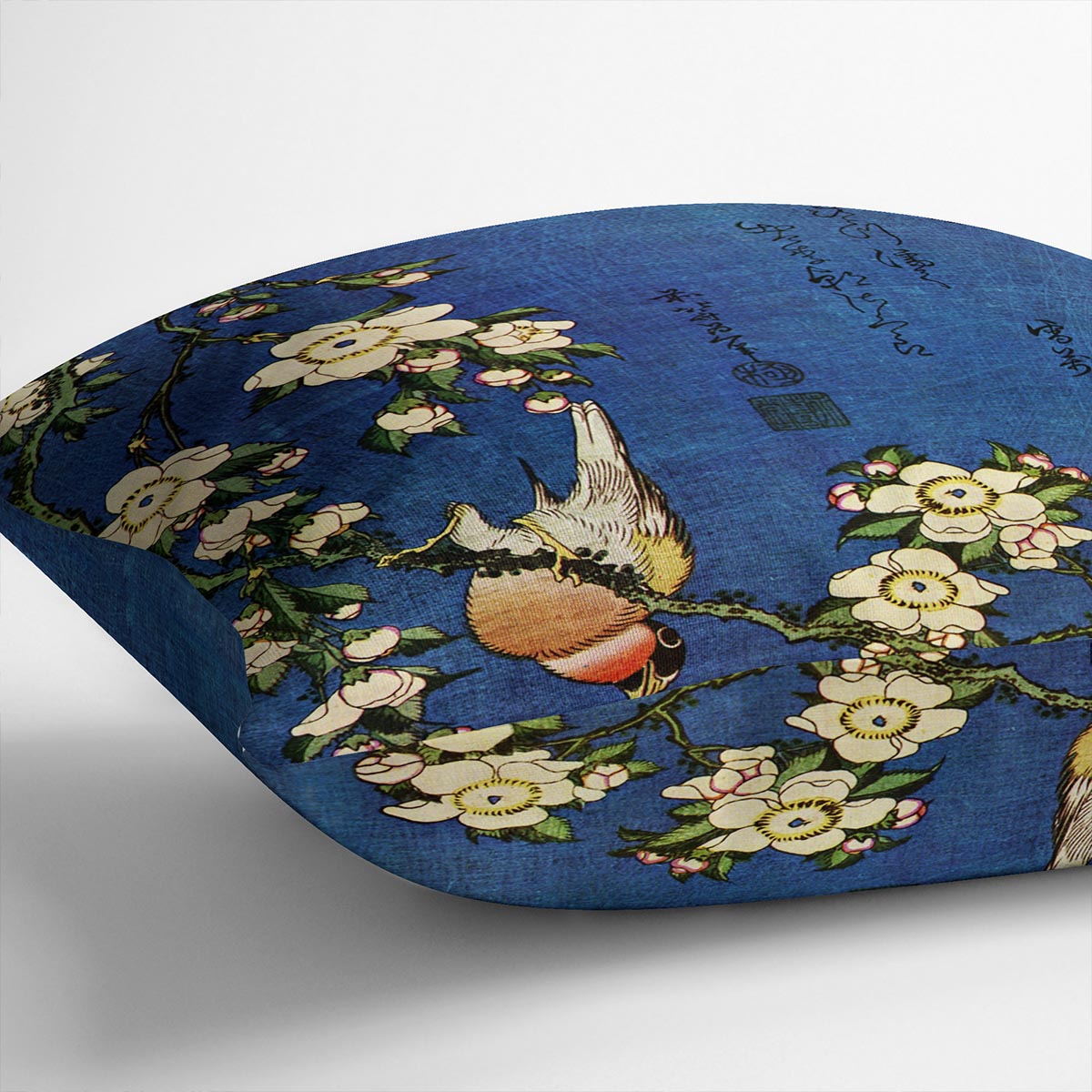 Bullfinch and drooping cherry by Hokusai Cushion