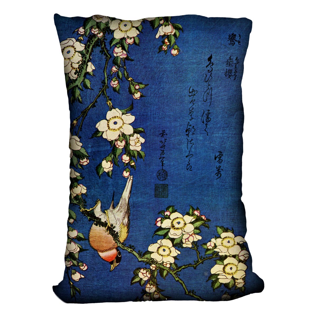 Bullfinch and drooping cherry by Hokusai Cushion