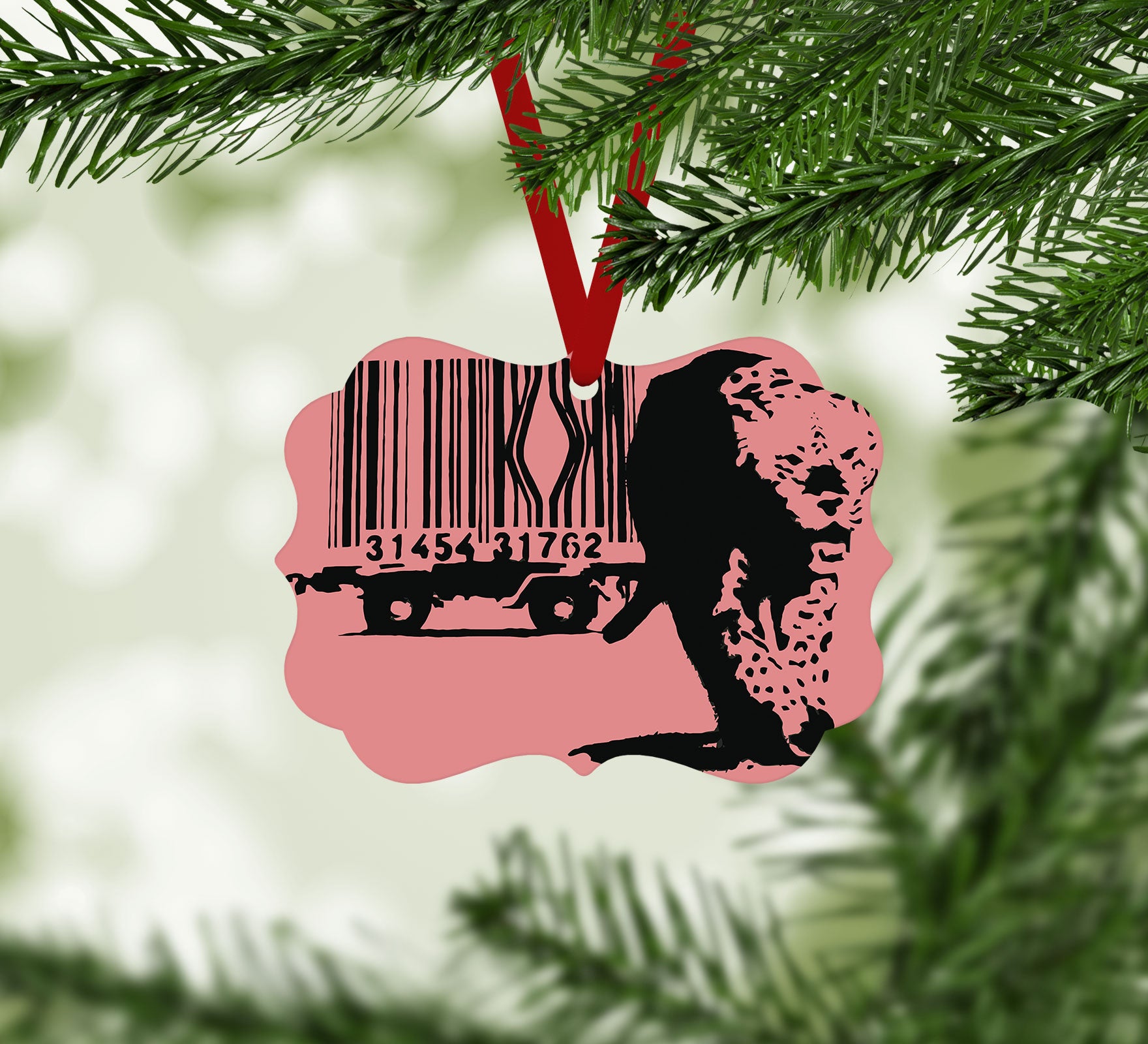 Banksy Barcode Leopard Red Christmas Ornament