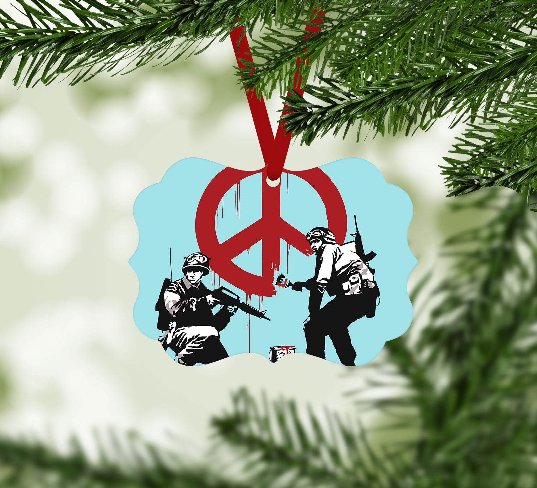 Banksy Soldiers Painting CND Sign Light Blue Christmas Ornament