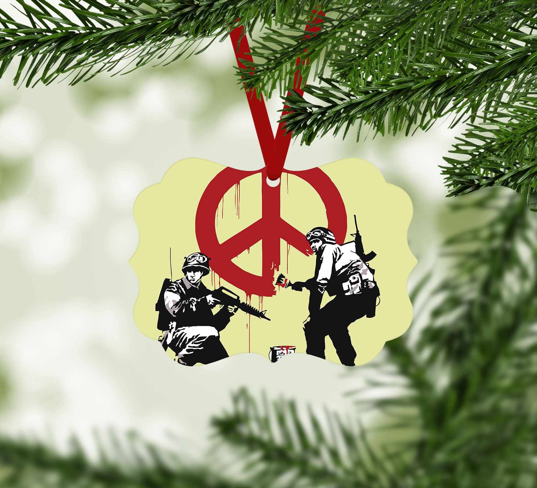 Banksy Soldiers Painting CND Sign Yellow Christmas Ornament