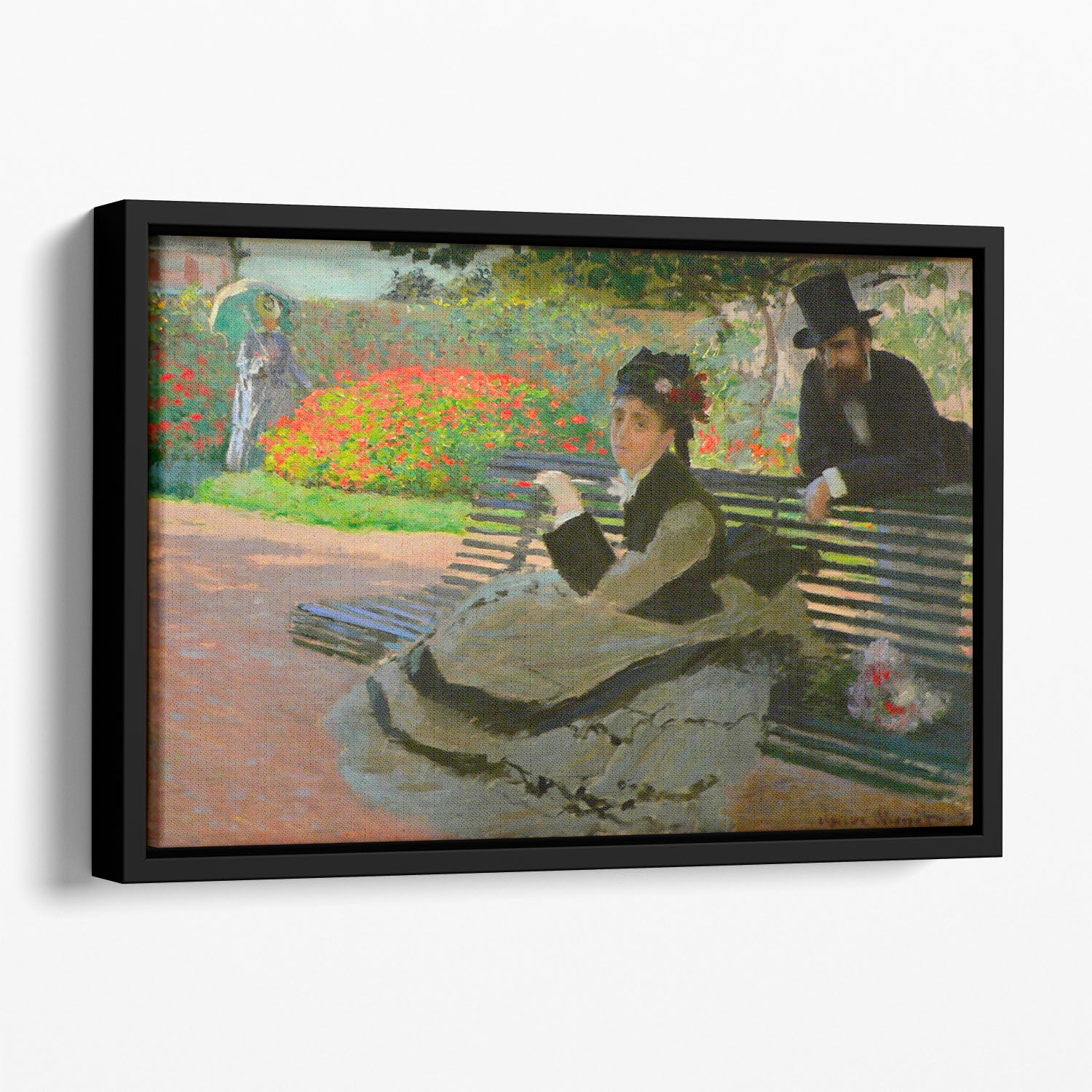 Camille Monet on a garden bench by Monet Floating Framed Canvas