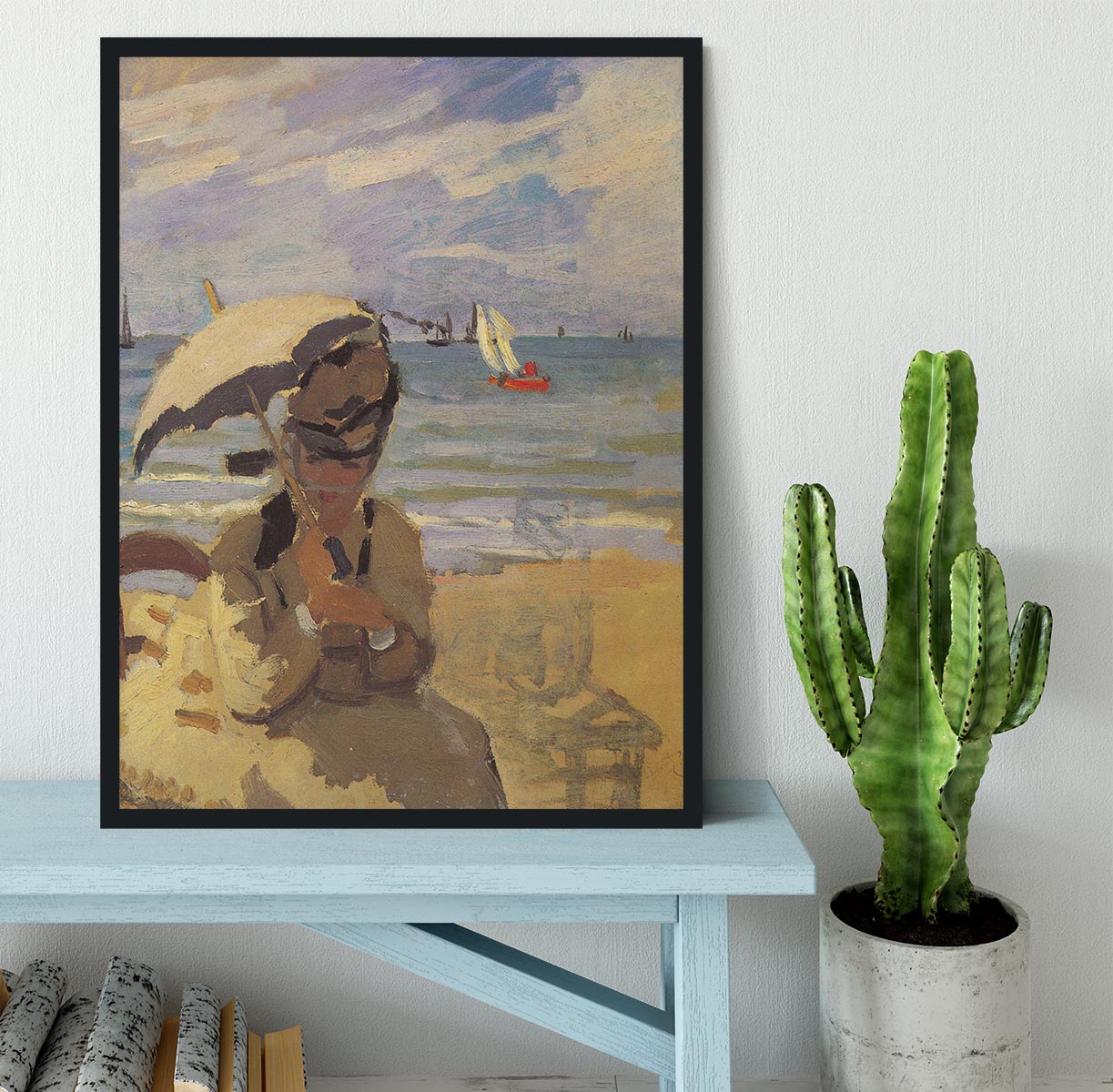 Camille Monet on the beach at Trouville by Monet Framed Print - Canvas Art Rocks - 2