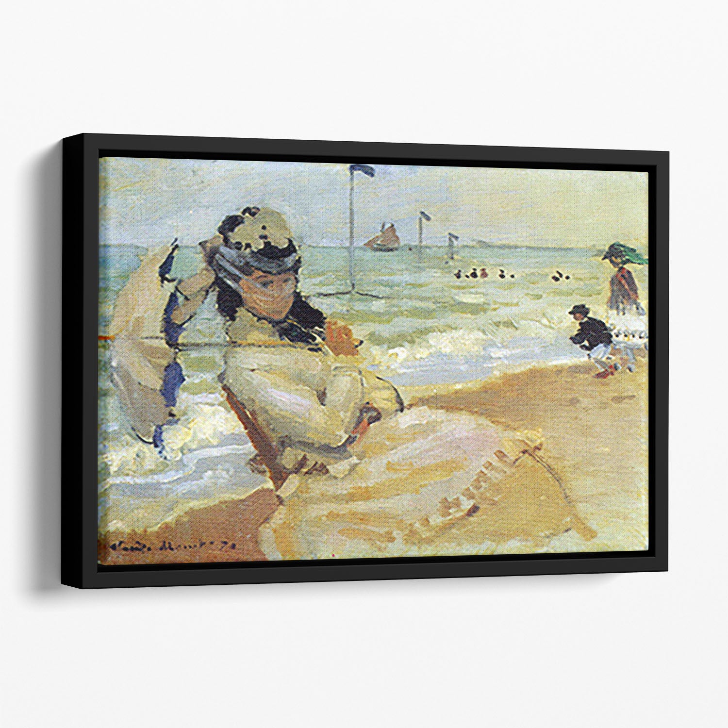 Camille on the beach at Trouville by Monet Floating Framed Canvas