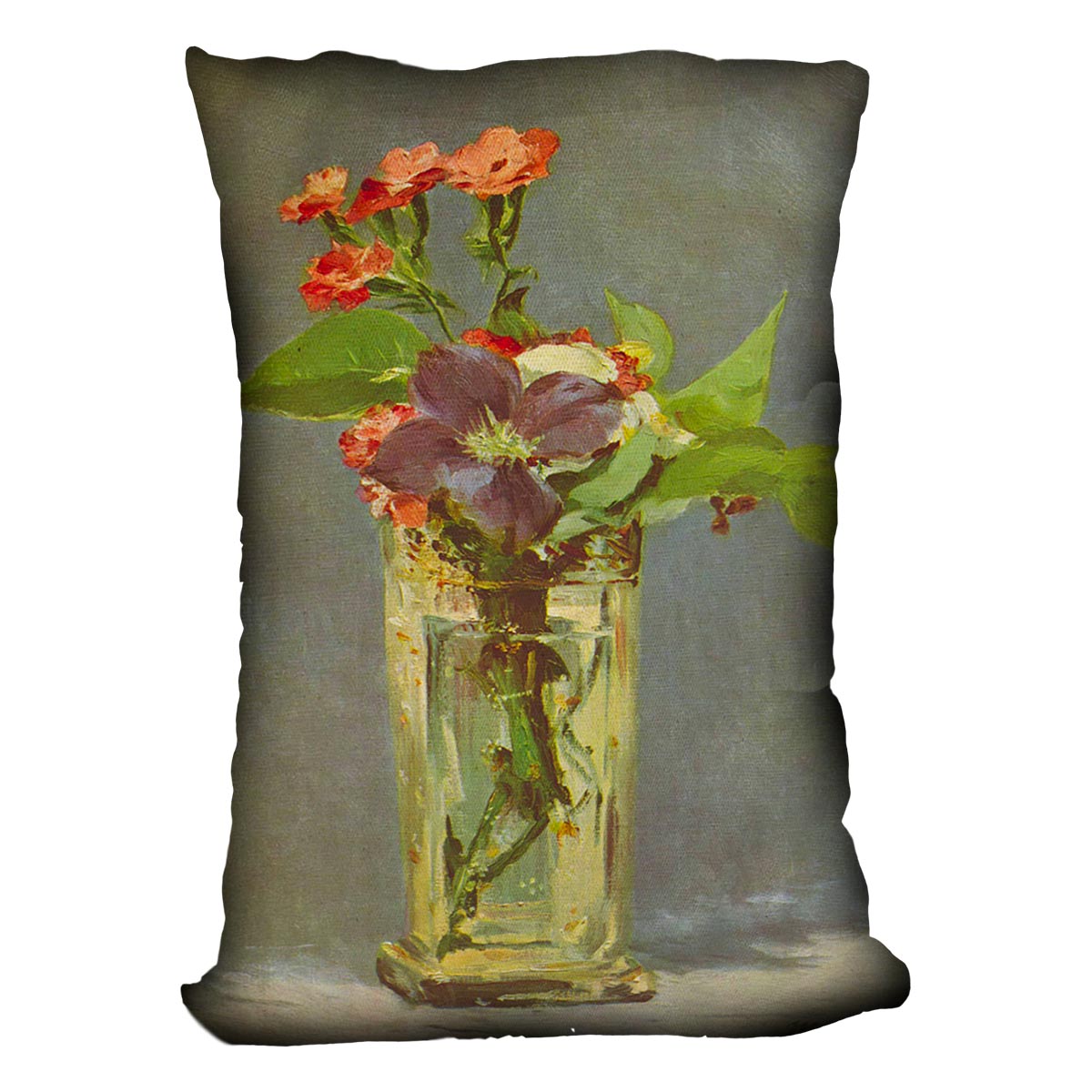 Carnations and Clematis in a Crystal Vase by Manet Cushion
