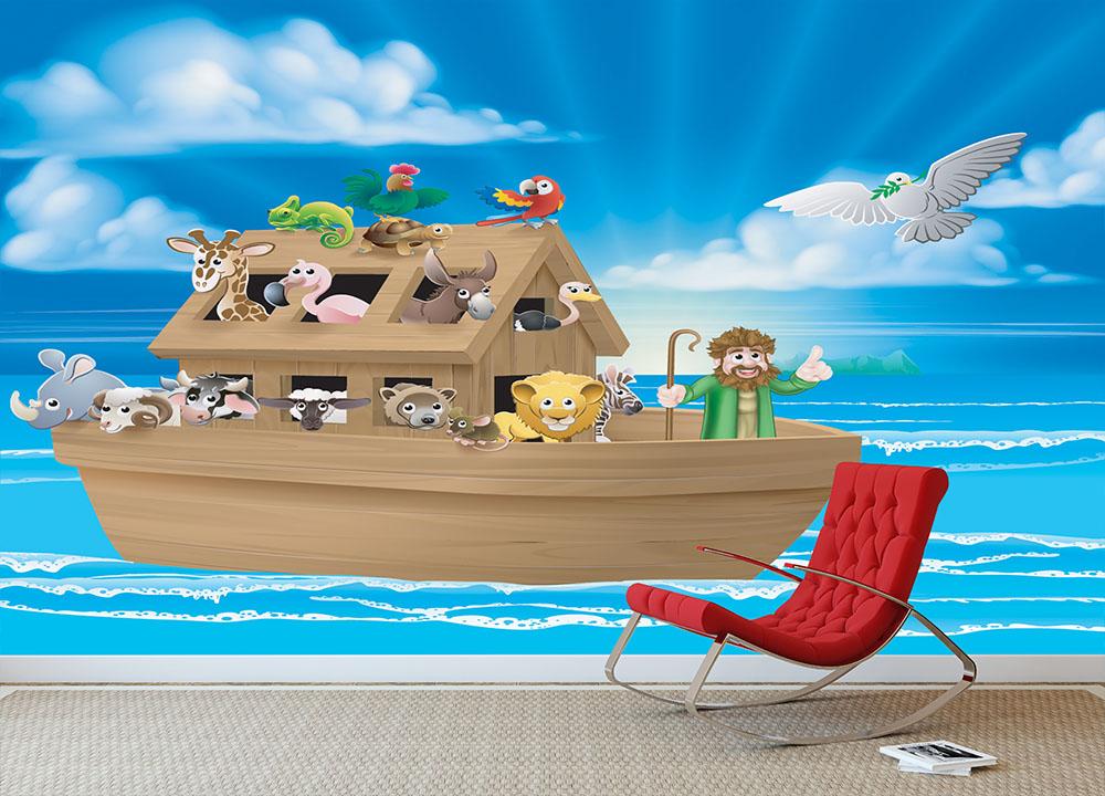Cartoon childrens illustration of the Christian Bible story of Noah Wall Mural Wallpaper - Canvas Art Rocks - 3