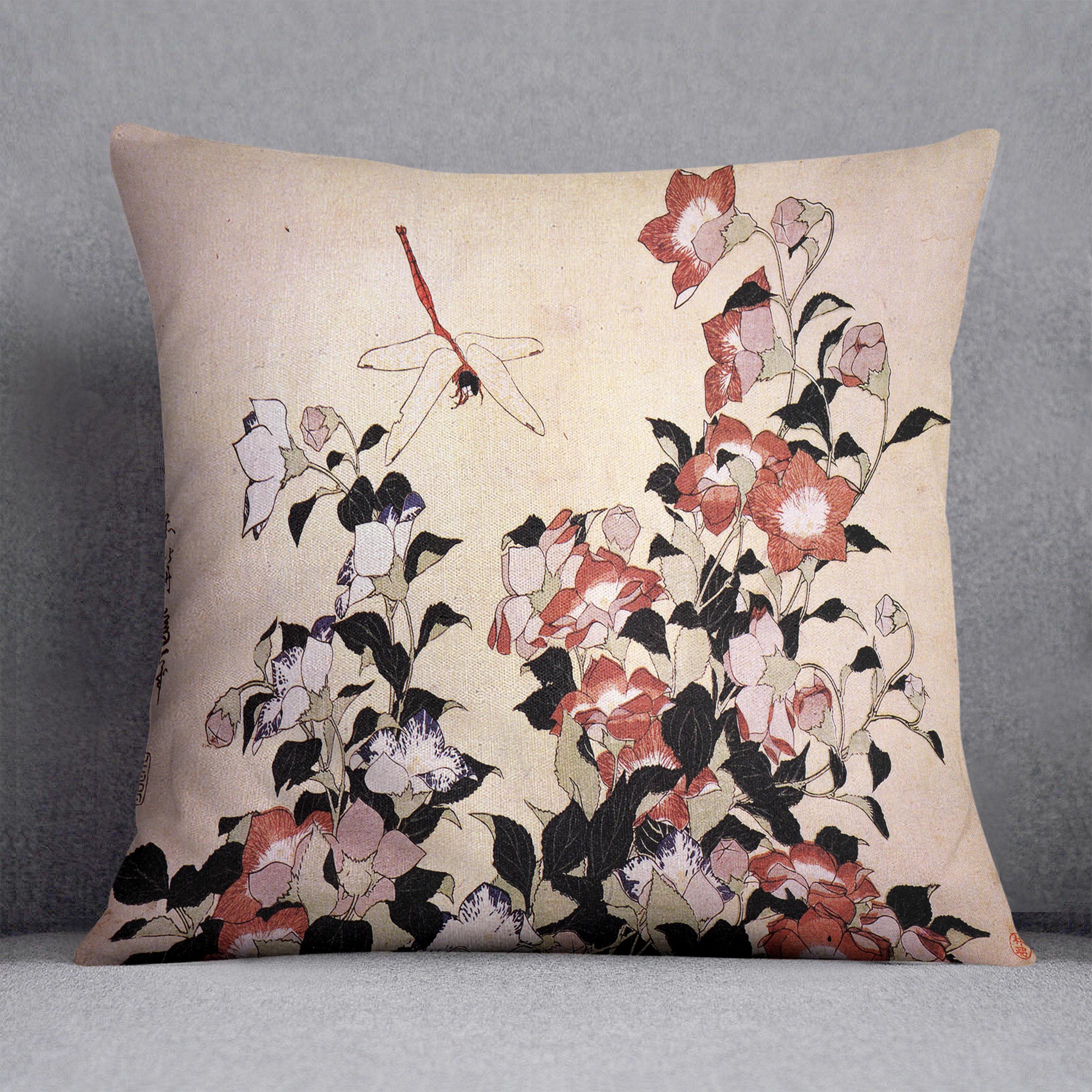 Chinese bell flower and dragon-fly by Hokusai Cushion