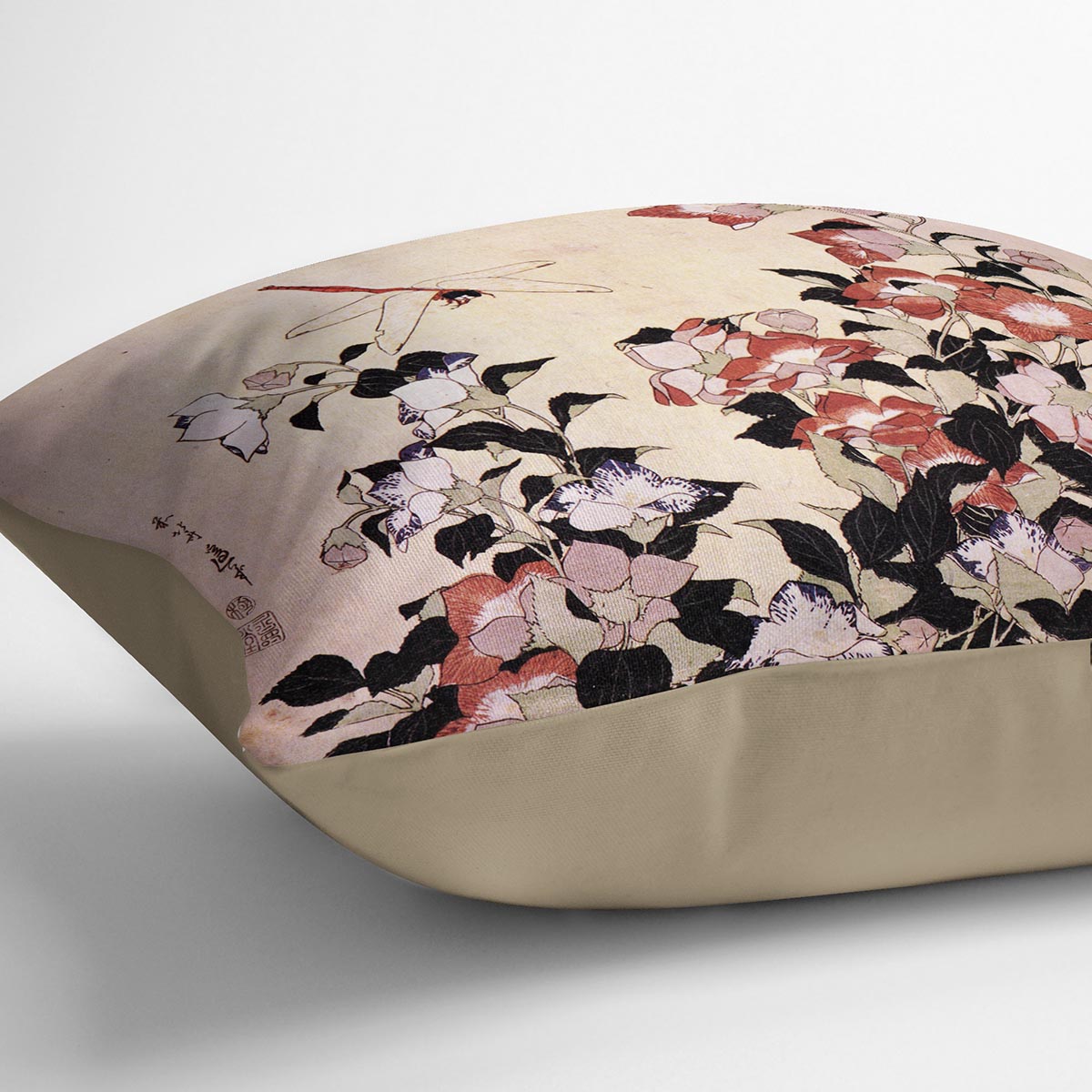 Chinese bell flower and dragon-fly by Hokusai Cushion