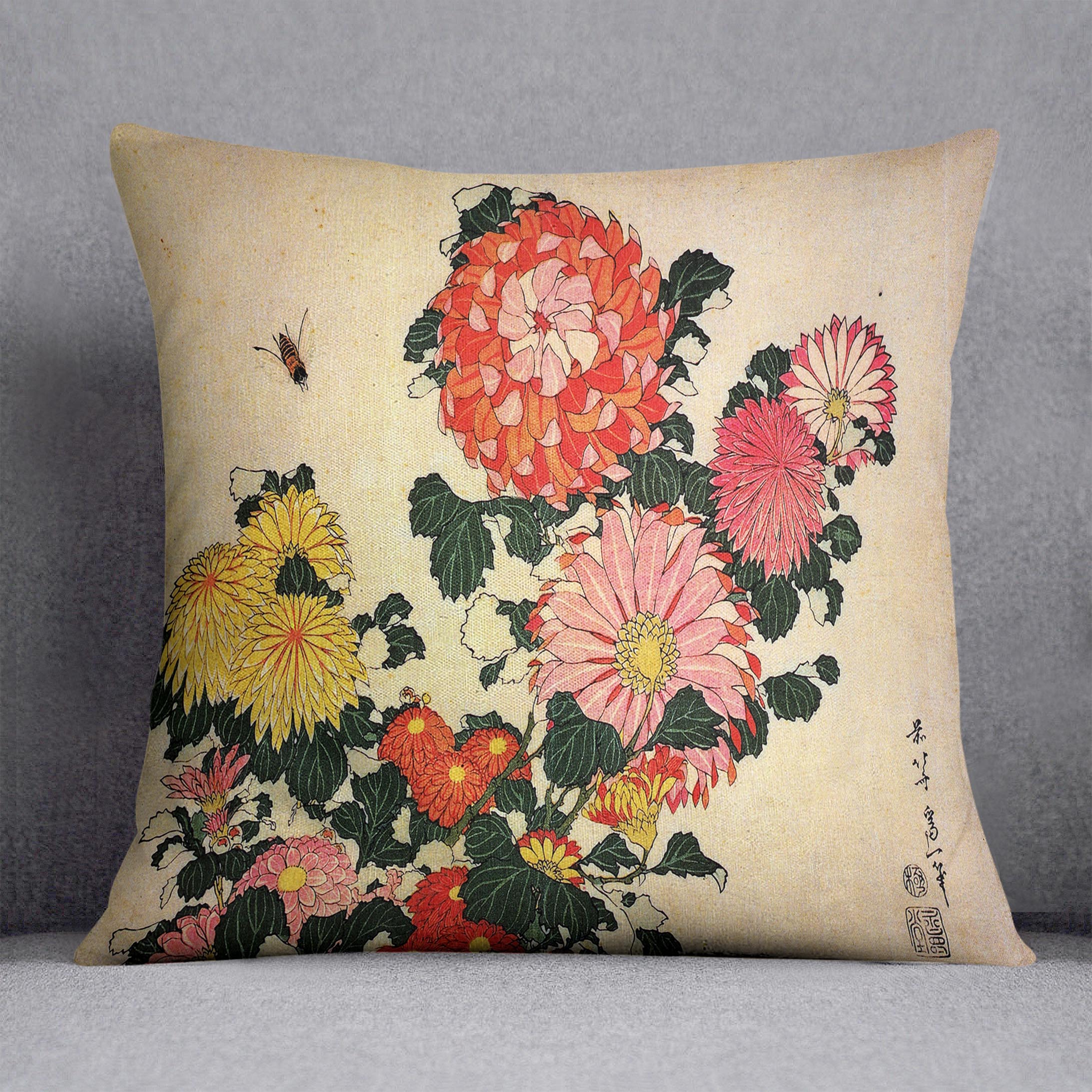 Chrysanthemum and bee by Hokusai Cushion