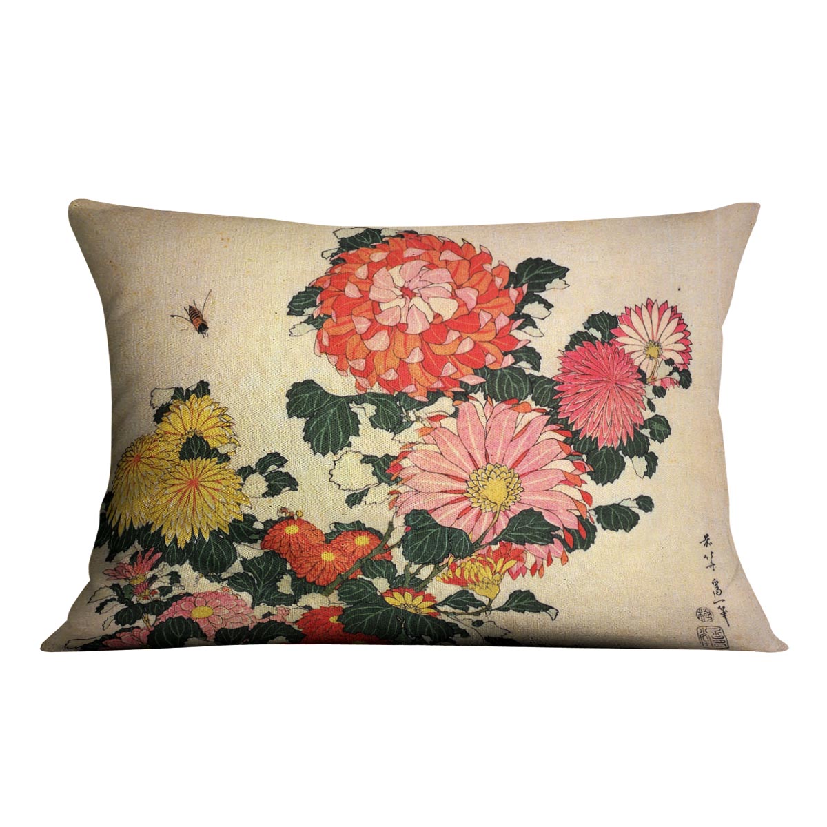 Chrysanthemum and bee by Hokusai Cushion