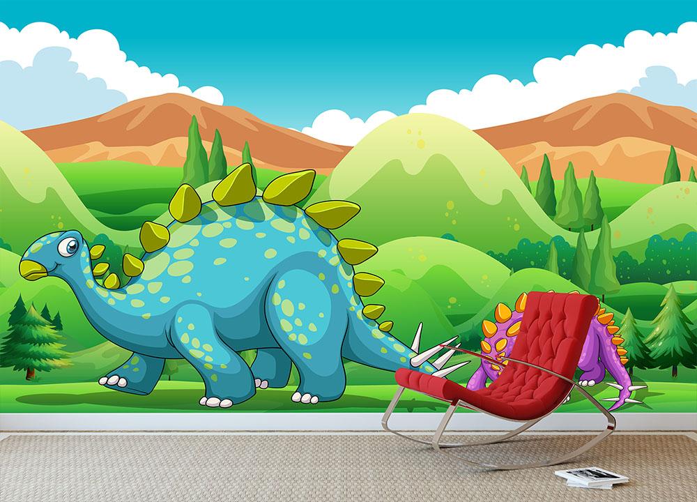 Cute dinosaurs walking Wall Mural Wallpaper - Canvas Art Rocks - 3