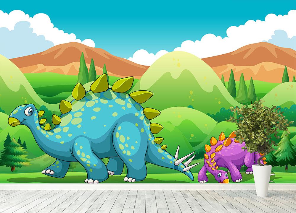 Cute dinosaurs walking Wall Mural Wallpaper - Canvas Art Rocks - 4