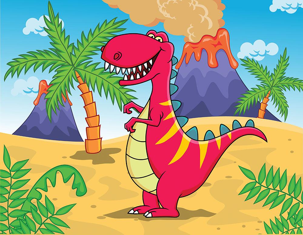 Dinosaur Volcano Cartoon Wall Mural Wallpaper - Canvas Art Rocks - 1