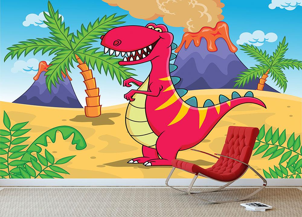 Dinosaur Volcano Cartoon Wall Mural Wallpaper - Canvas Art Rocks - 3