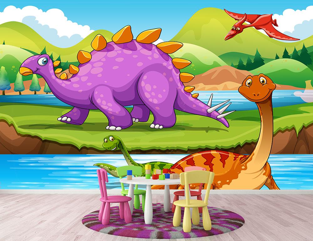 Dinosaurs living by the river Wall Mural Wallpaper - Canvas Art Rocks - 2