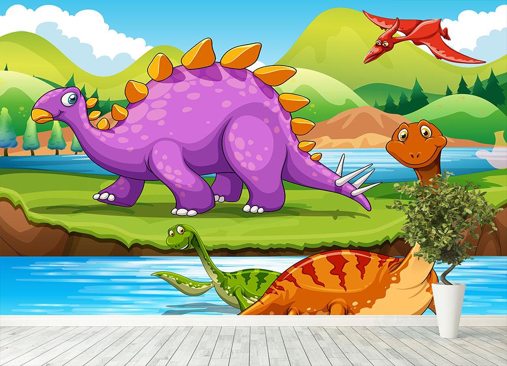 Dinosaurs living by the river Wall Mural Wallpaper - Canvas Art Rocks - 4