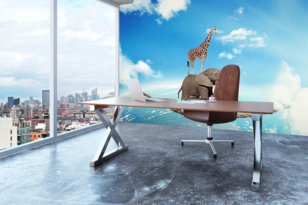 Elephant with giraffe walking on dangerous rope high in sky Wall Mural Wallpaper - Canvas Art Rocks - 3