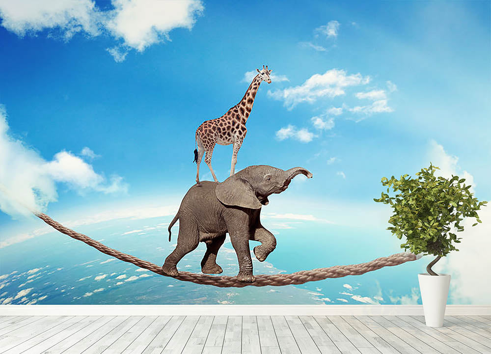 Elephant with giraffe walking on dangerous rope high in sky Wall Mural Wallpaper - Canvas Art Rocks - 4