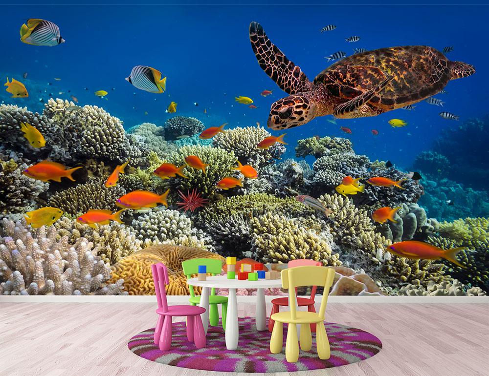 Eretmochelys imbricata floats under water Wall Mural Wallpaper - Canvas Art Rocks - 2