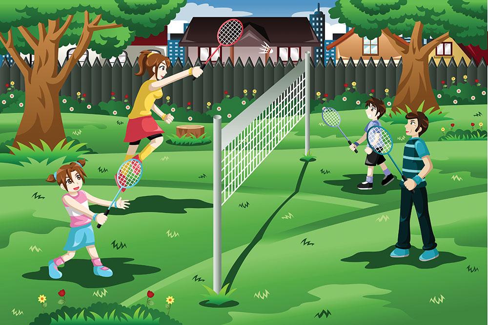 Family playing badminton in the backyard Wall Mural Wallpaper - Canvas Art Rocks - 1