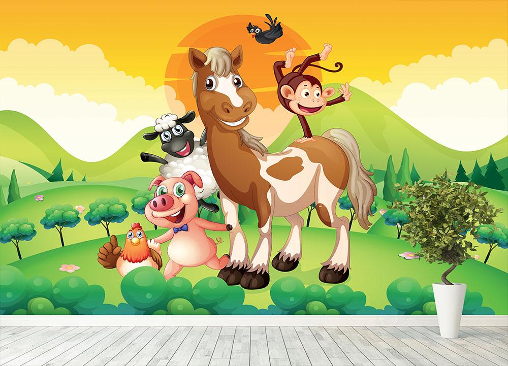 Farm animals in the field Wall Mural Wallpaper - Canvas Art Rocks - 4